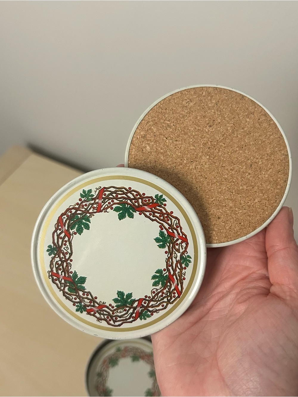 Vintage 1987 Enesco Christmas Wreath Tin Coasters